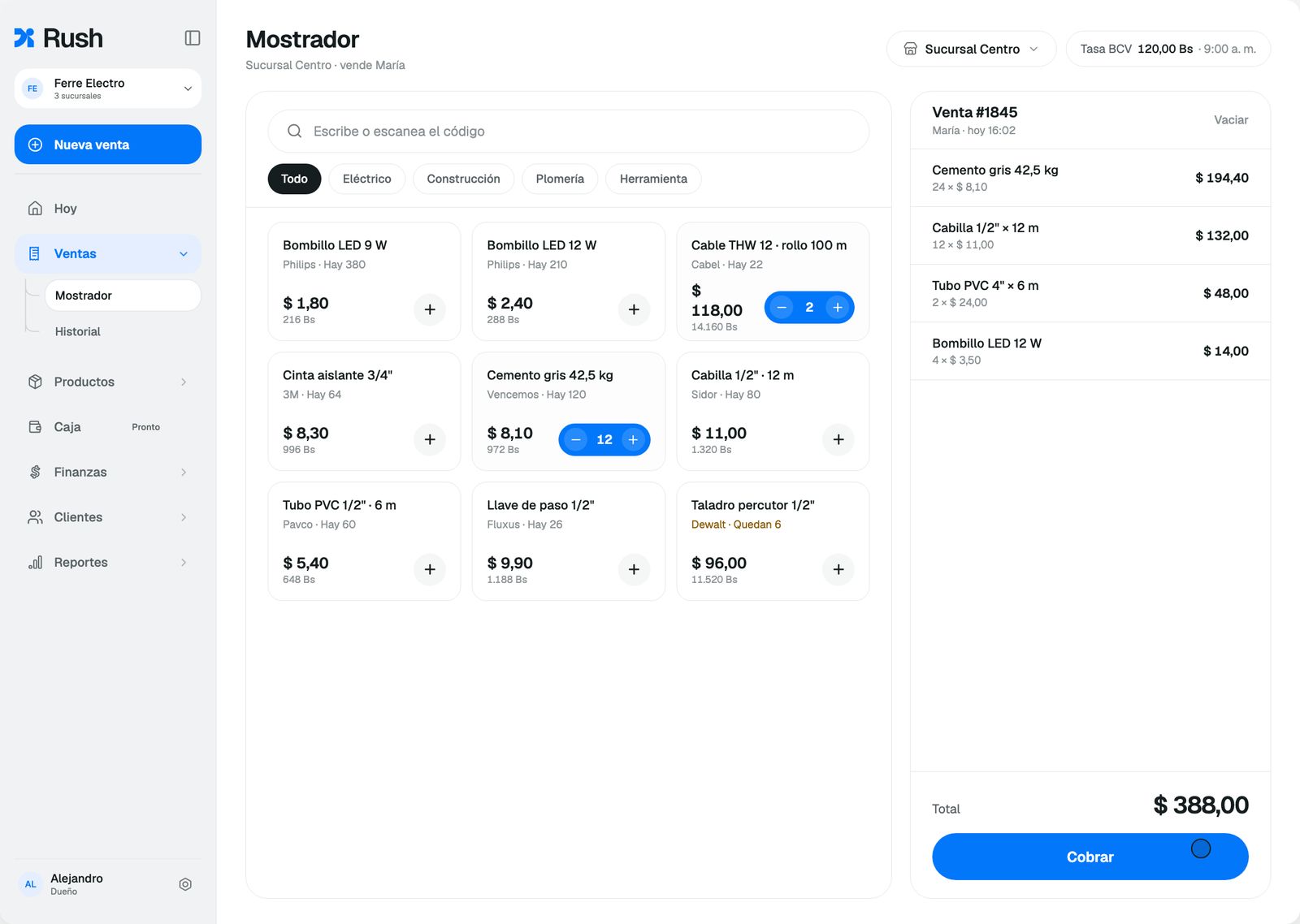 Panel de Rush: mostrador de ventas de una ferretería